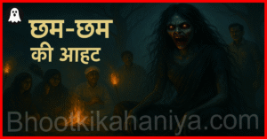 छम-छम की आहट — एक सुनसान हवेली के गलियारे में गूंजती रहस्यमयी पायल की आवाज़, धुंध और परछाइयों से घिरी डरावनी रात को दर्शाता चित्र।