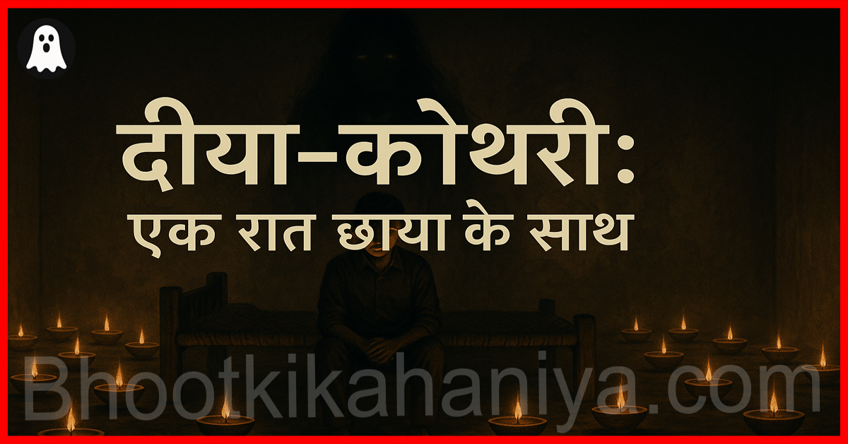 दीया-कोठरी की रहस्यमयी रात में एक युवती डरावनी छाया के साथ खड़ी है, टिमटिमाते दीयों की रोशनी में साया धीरे-धीरे पास आता हुआ