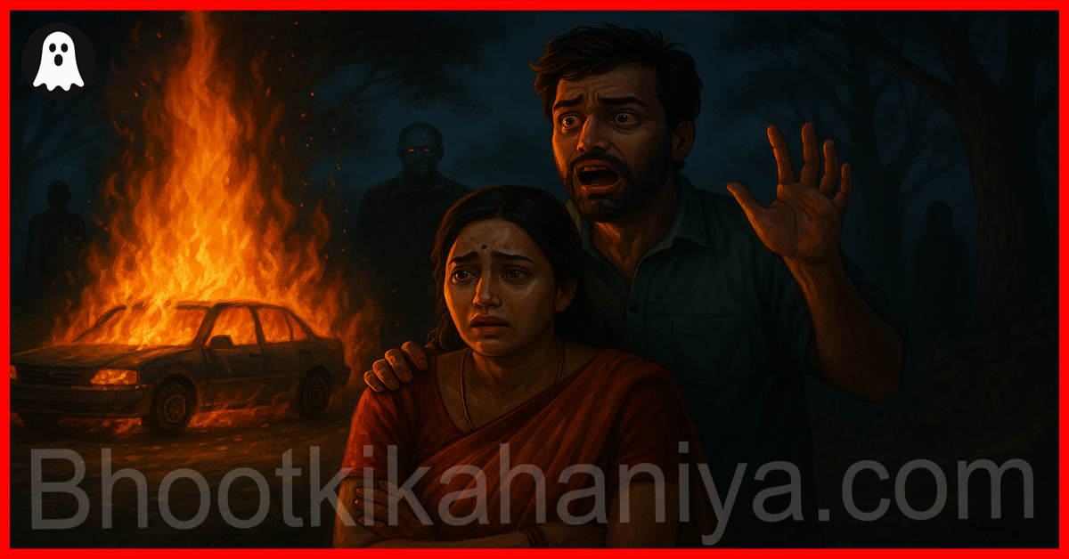 जलती कार और जंगल की परछाइयाँ